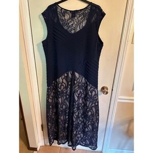 Candalite Lace Dress Navy‎ Blue & Beige Pleated Party Cocktail Dress Woman's 3X